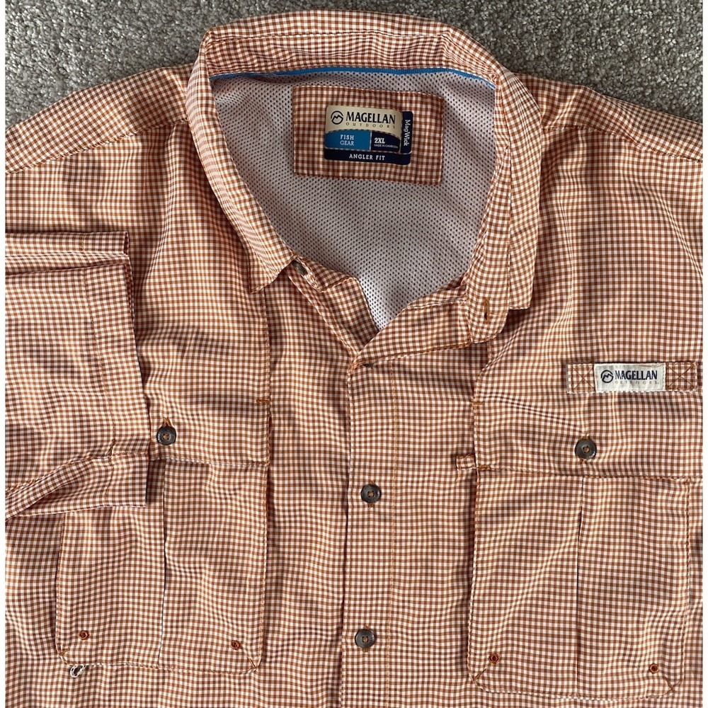 Magellan Men 2XLT Shirt Fish Orange/White Plaid Multi pocket Vented Wicking Camp